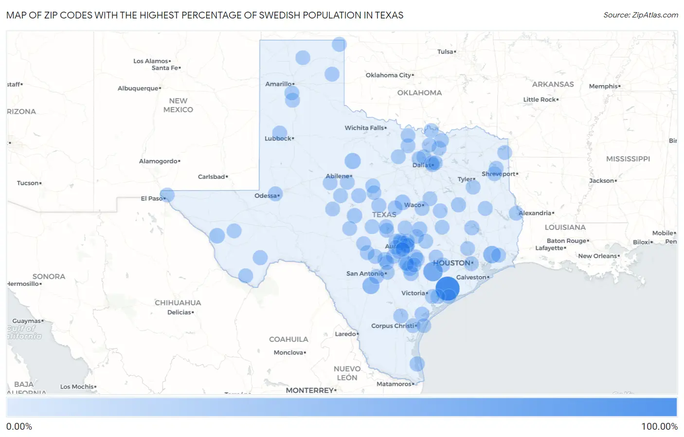 Zip Codes with the Highest Percentage of Swedish Population in Texas Map
