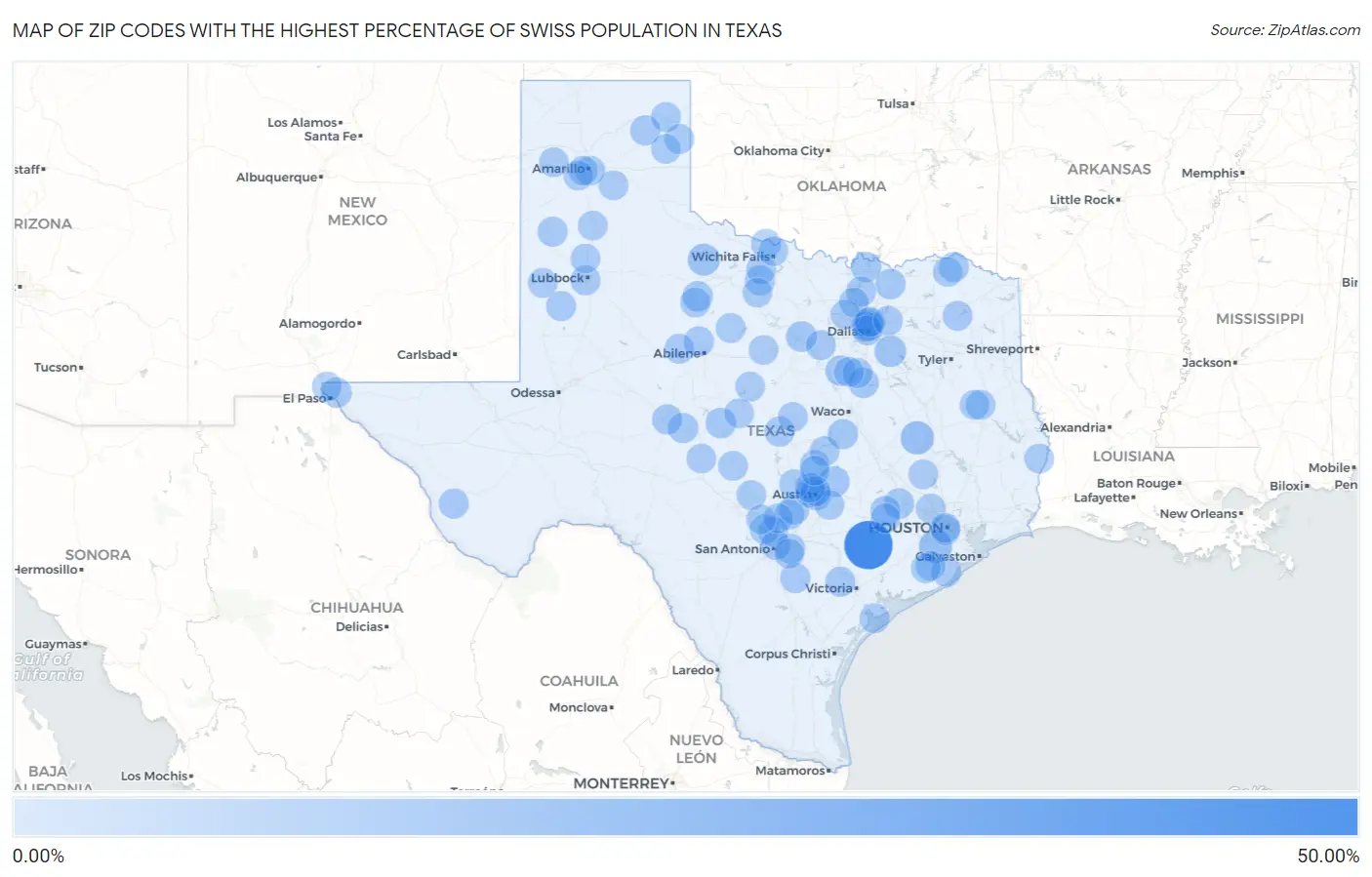 Zip Codes with the Highest Percentage of Swiss Population in Texas Map