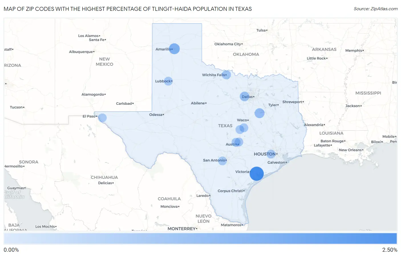 Zip Codes with the Highest Percentage of Tlingit-Haida Population in Texas Map