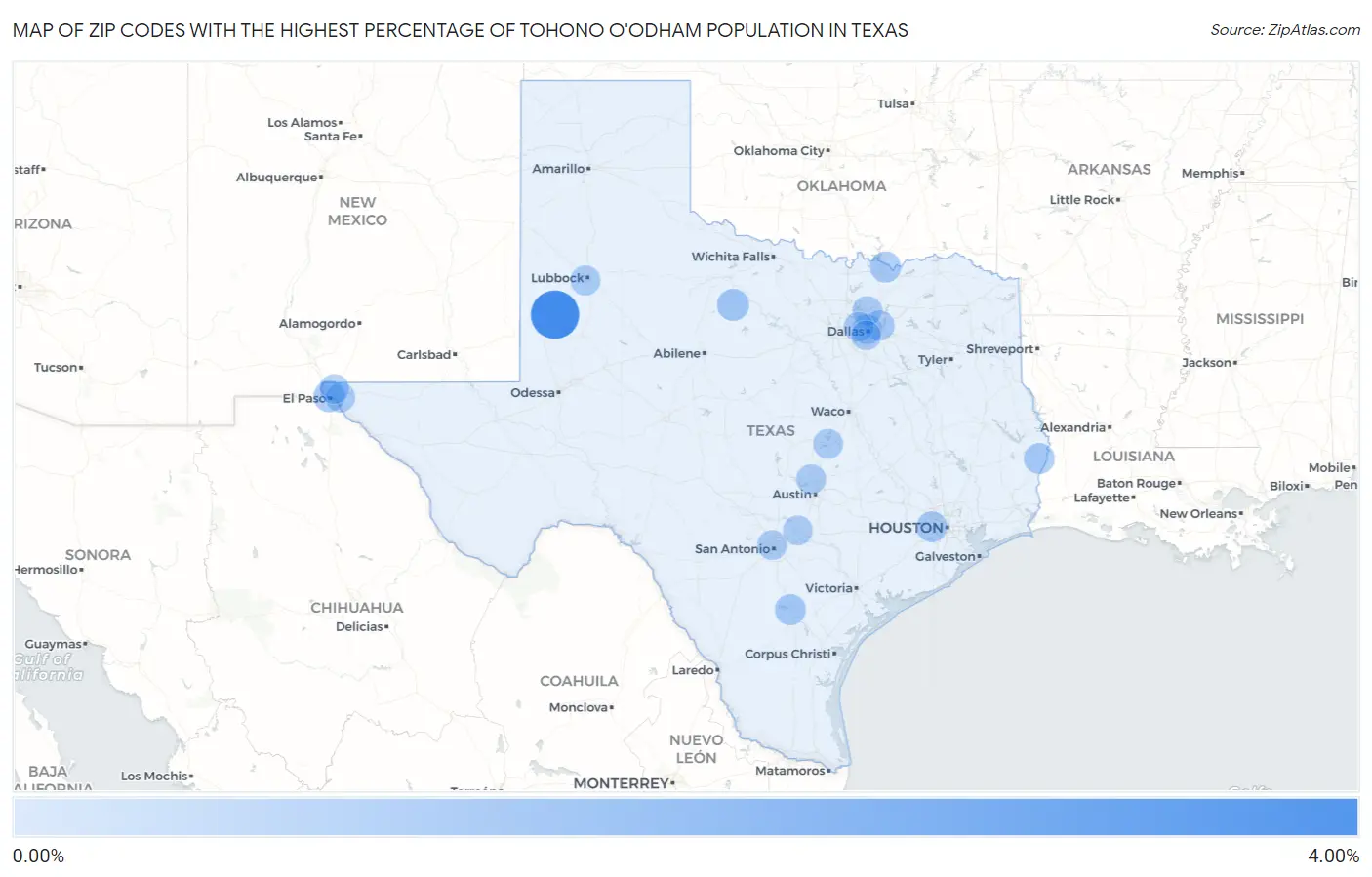 Zip Codes with the Highest Percentage of Tohono O'Odham Population in Texas Map