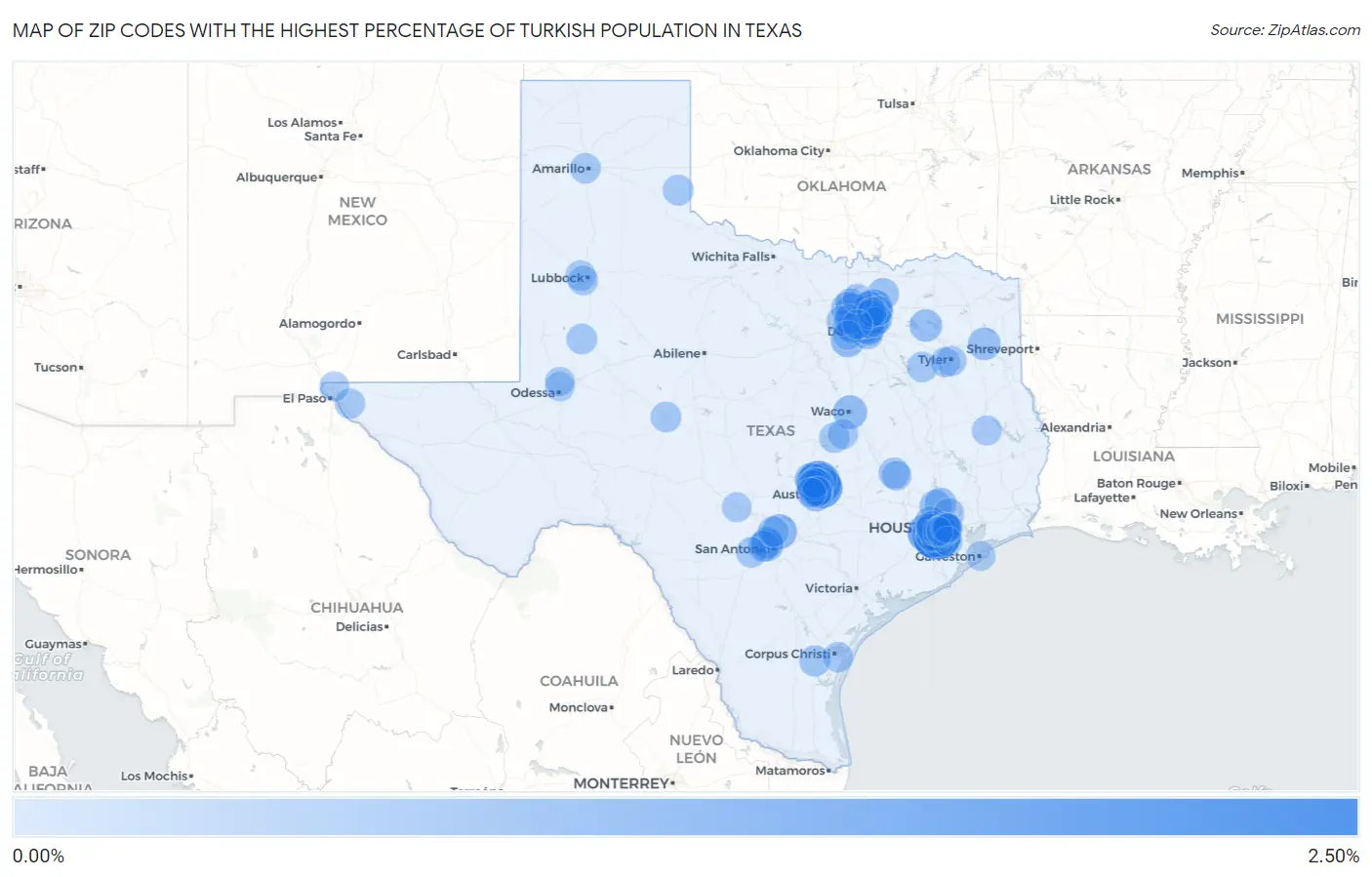 Zip Codes with the Highest Percentage of Turkish Population in Texas Map