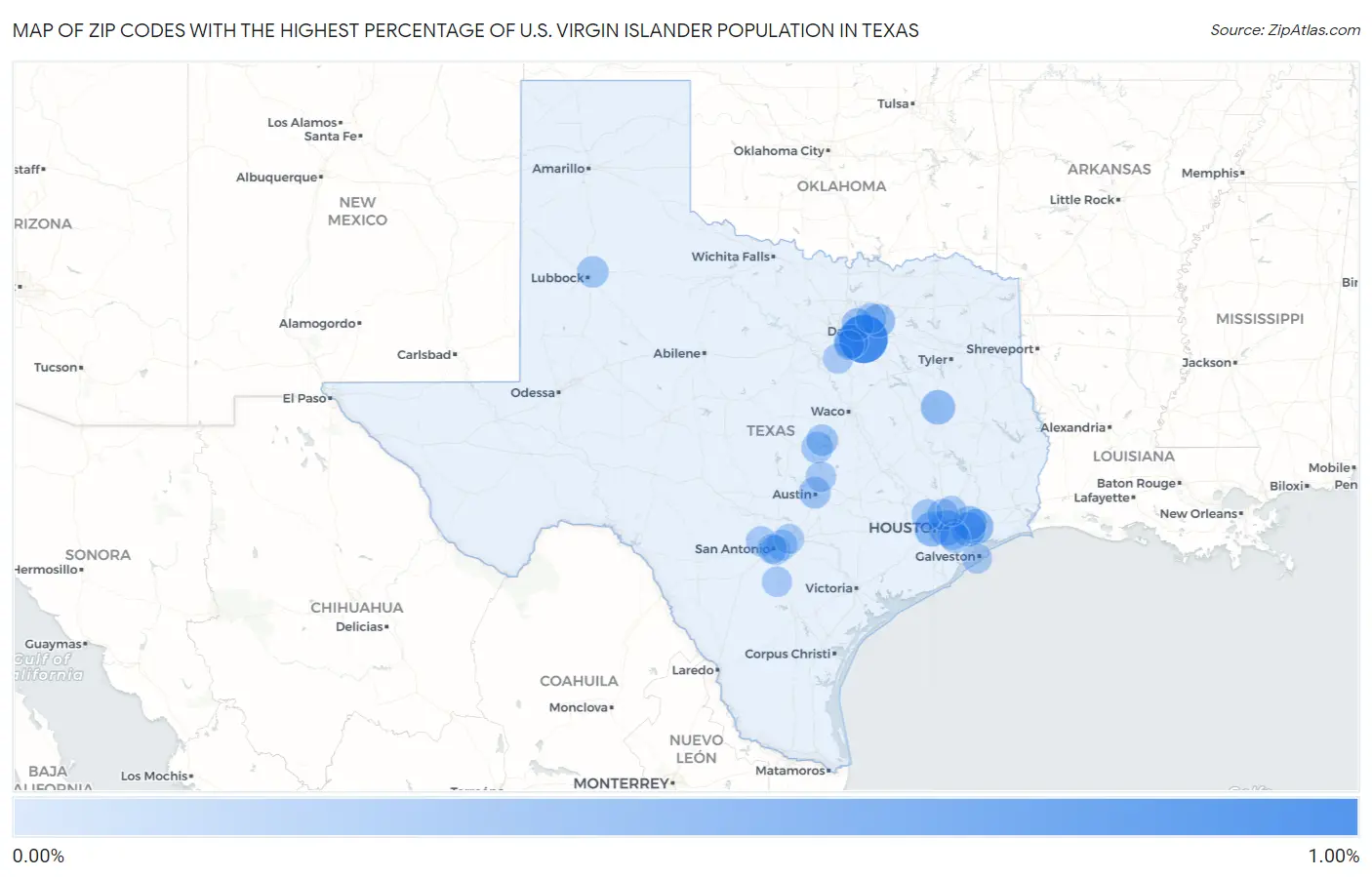 Zip Codes with the Highest Percentage of U.S. Virgin Islander Population in Texas Map