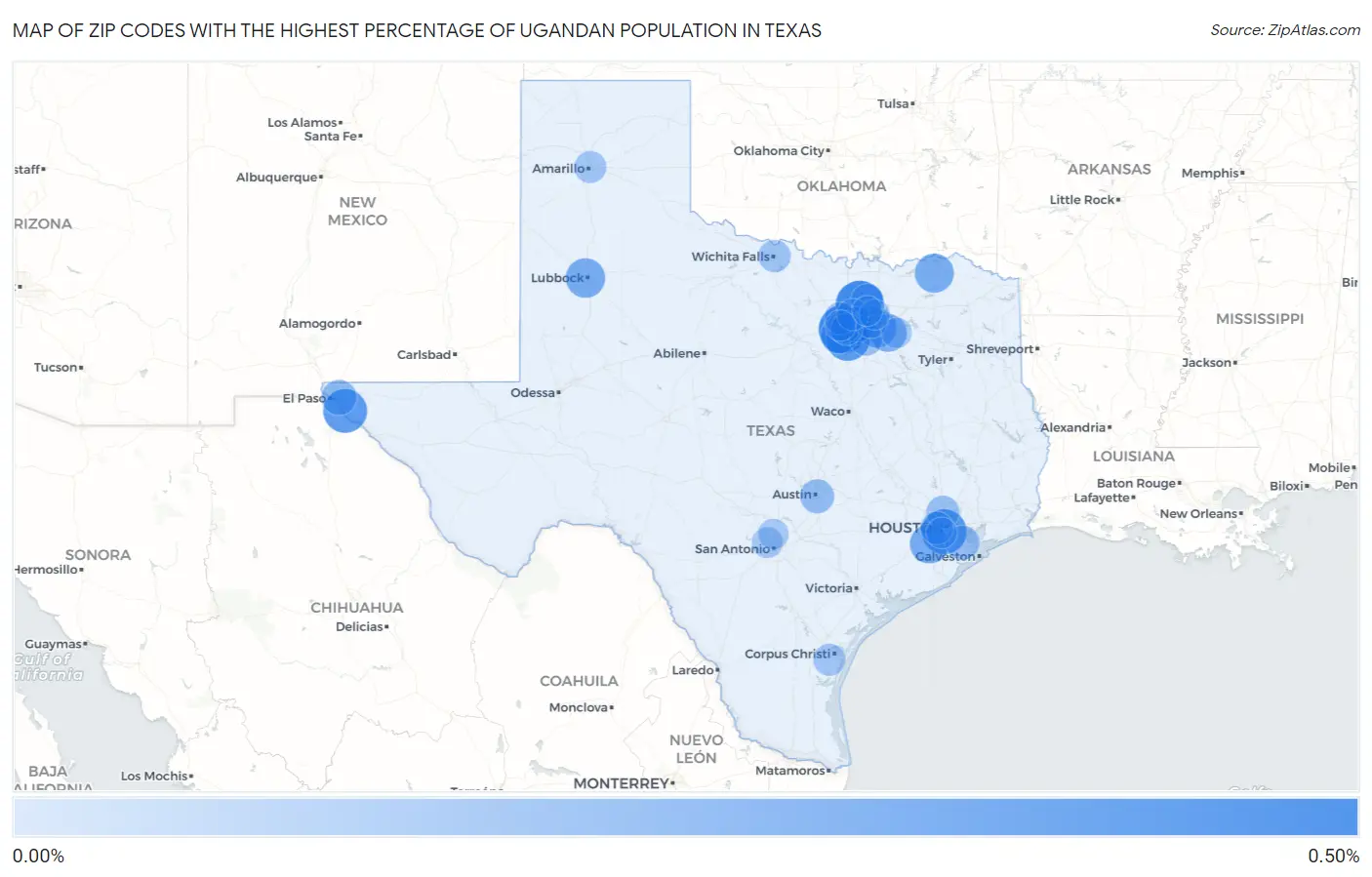 Zip Codes with the Highest Percentage of Ugandan Population in Texas Map