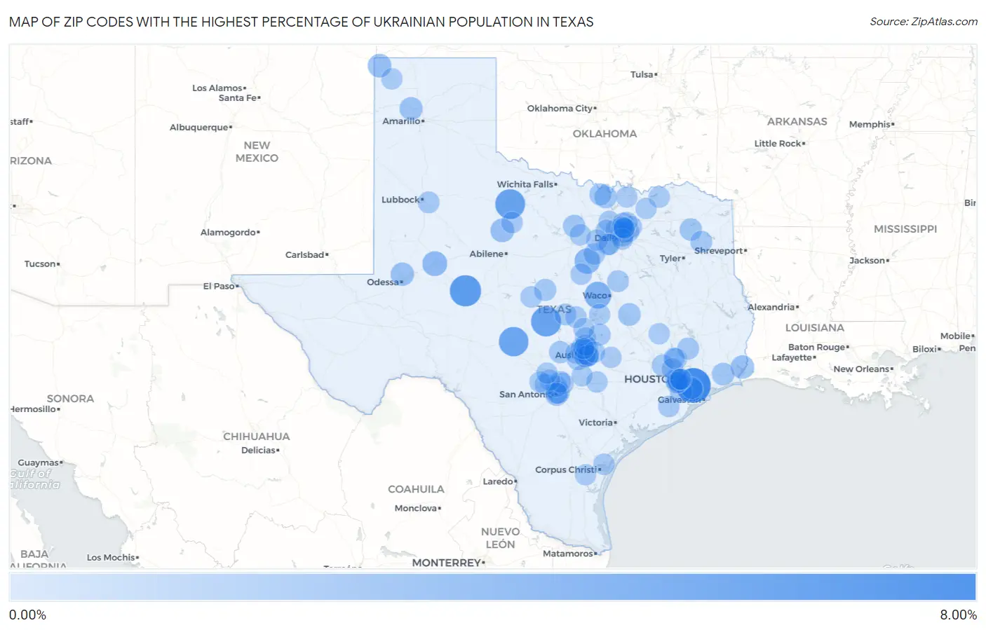 Zip Codes with the Highest Percentage of Ukrainian Population in Texas Map