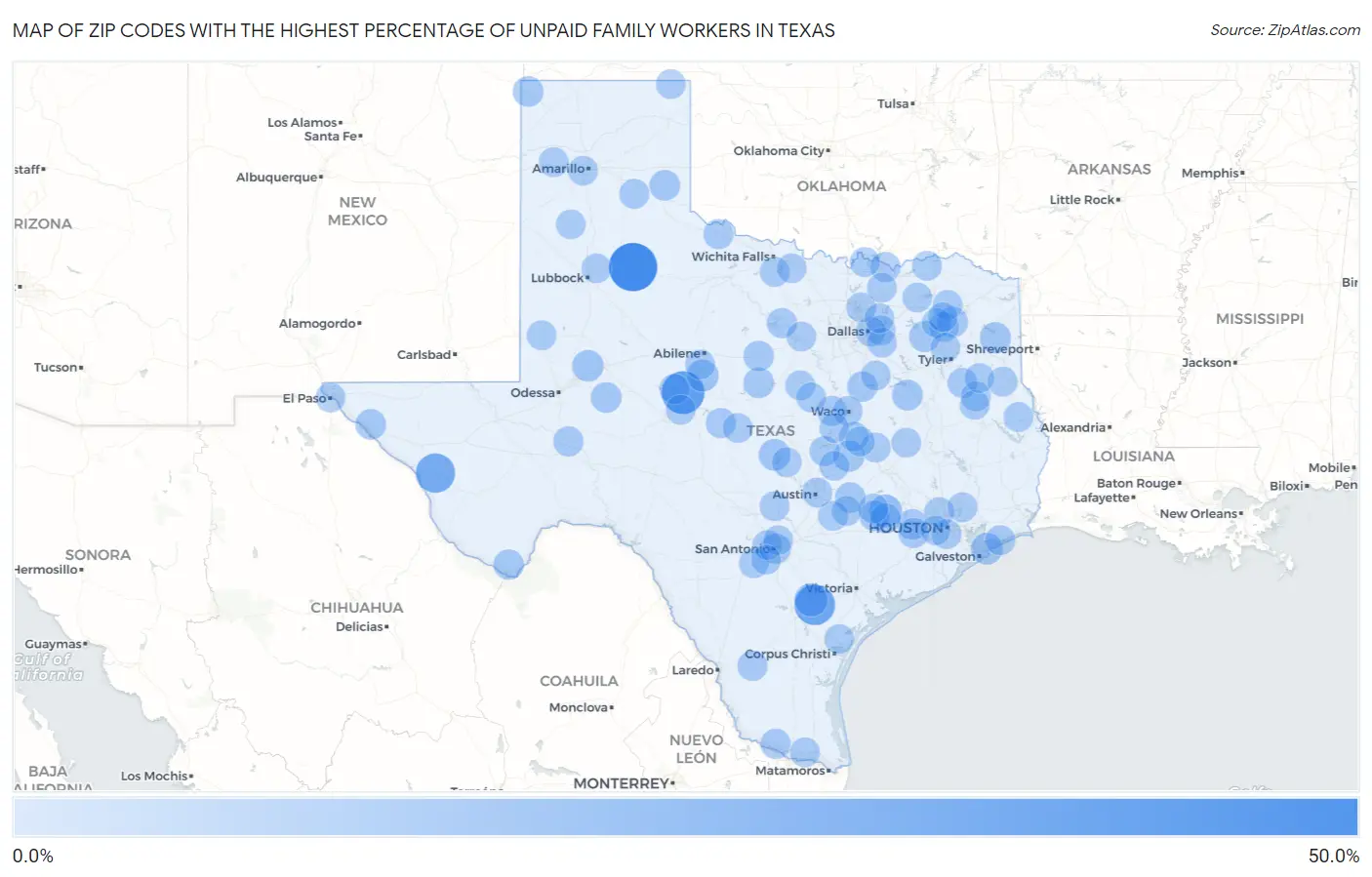 Zip Codes with the Highest Percentage of Unpaid Family Workers in Texas Map