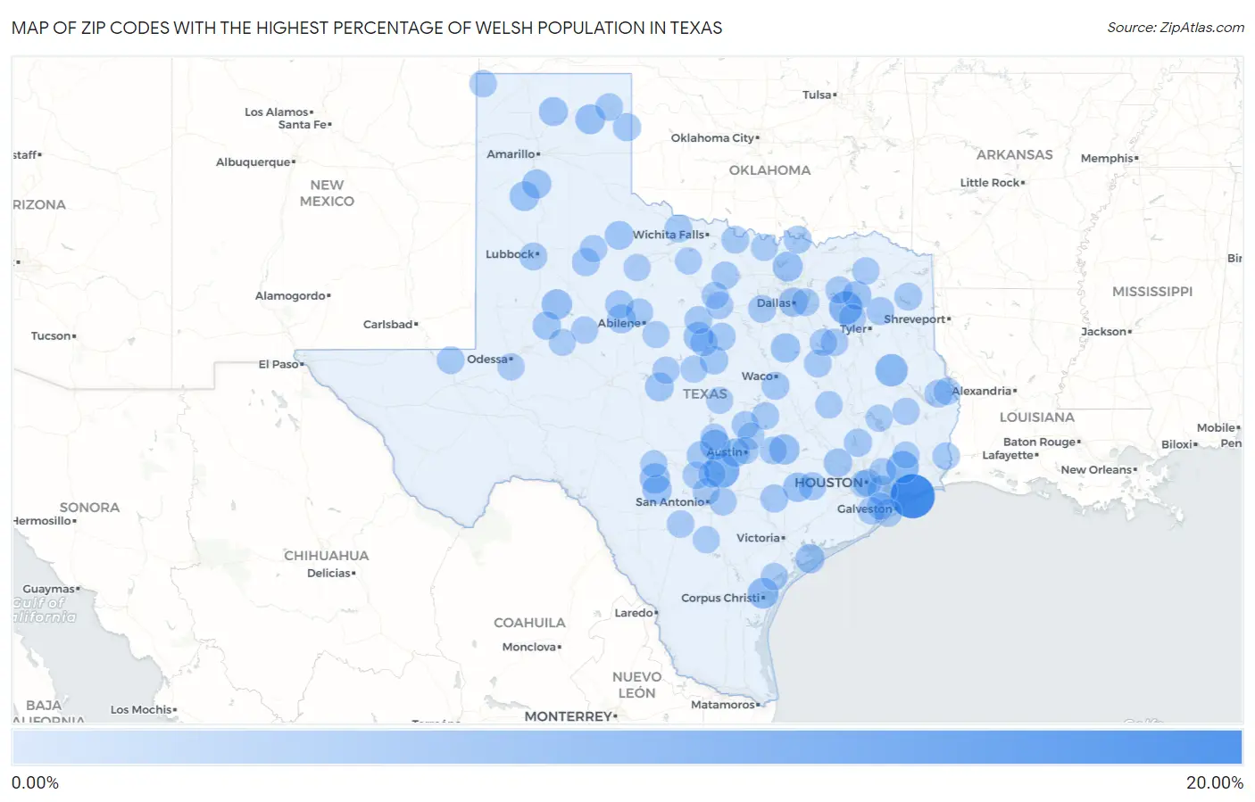 Zip Codes with the Highest Percentage of Welsh Population in Texas Map