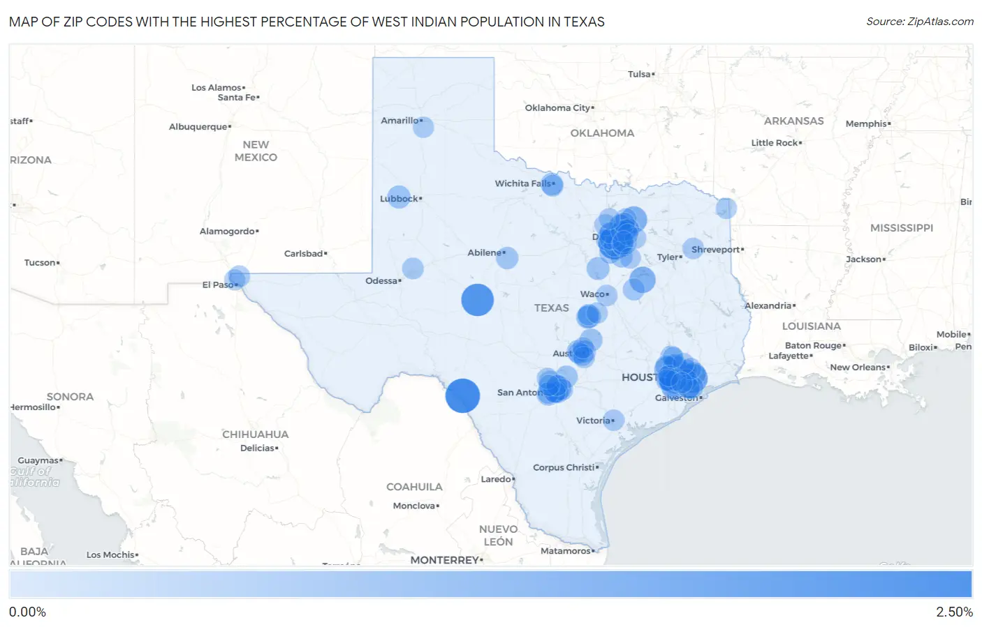 Zip Codes with the Highest Percentage of West Indian Population in Texas Map