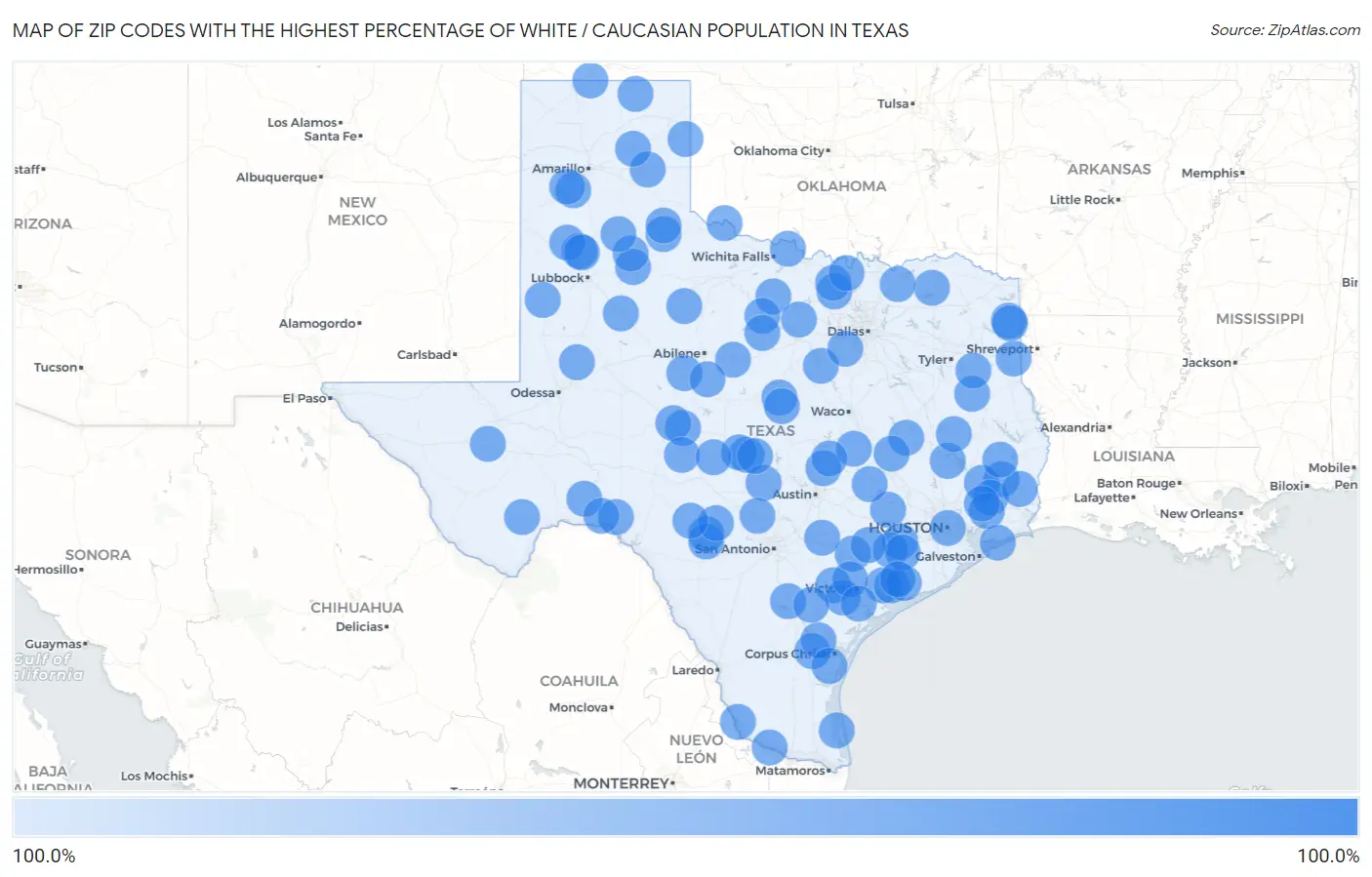 Zip Codes with the Highest Percentage of White / Caucasian Population in Texas Map