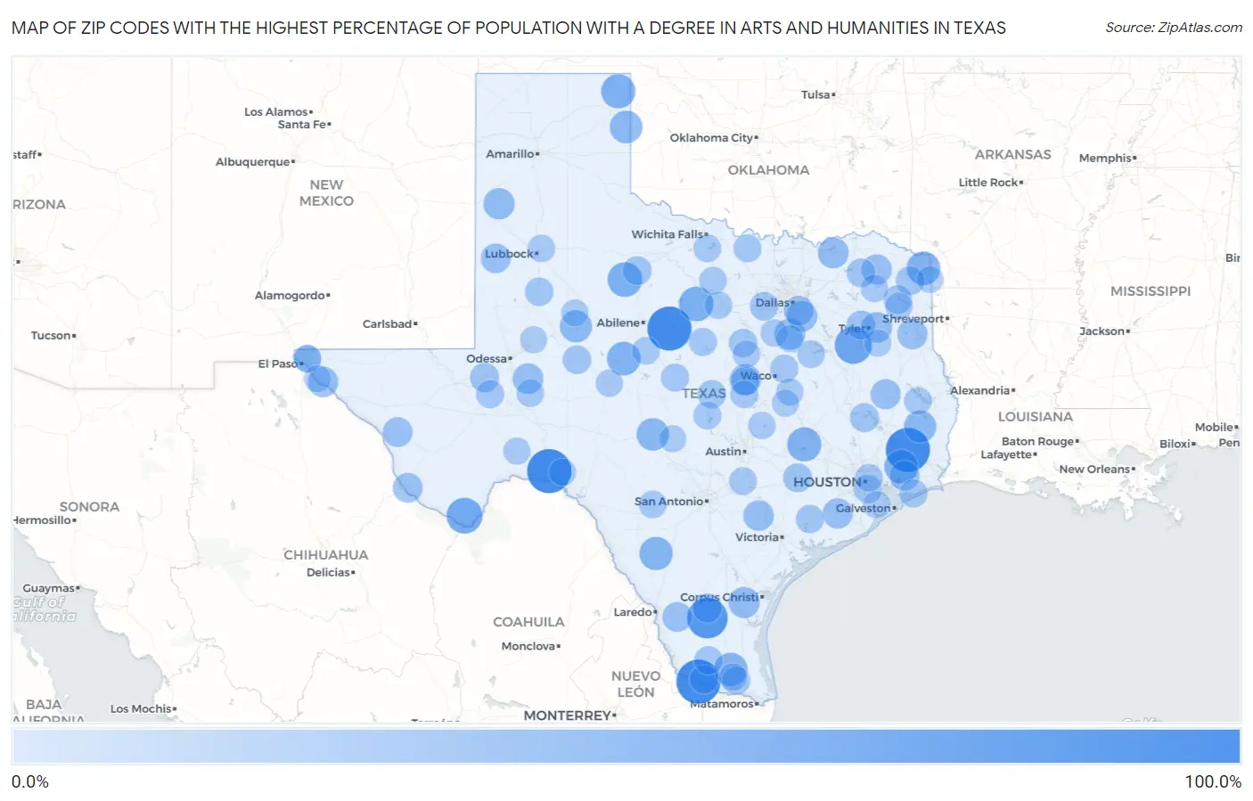 Zip Codes with the Highest Percentage of Population with a Degree in Arts and Humanities in Texas Map