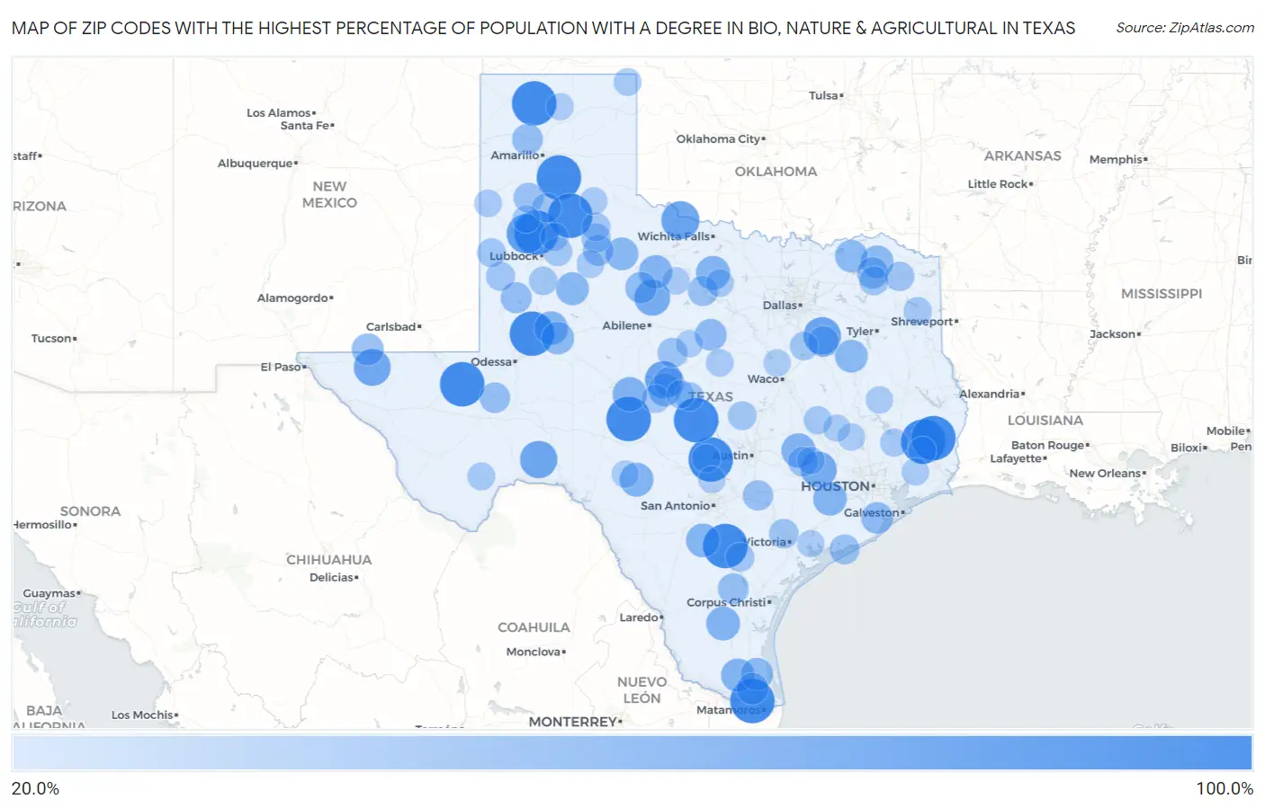 Zip Codes with the Highest Percentage of Population with a Degree in Bio, Nature & Agricultural in Texas Map
