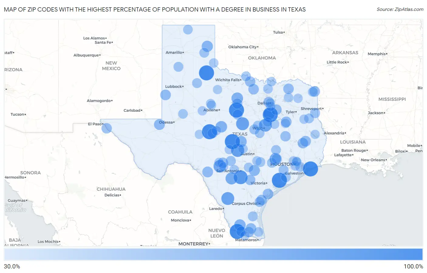 Zip Codes with the Highest Percentage of Population with a Degree in Business in Texas Map