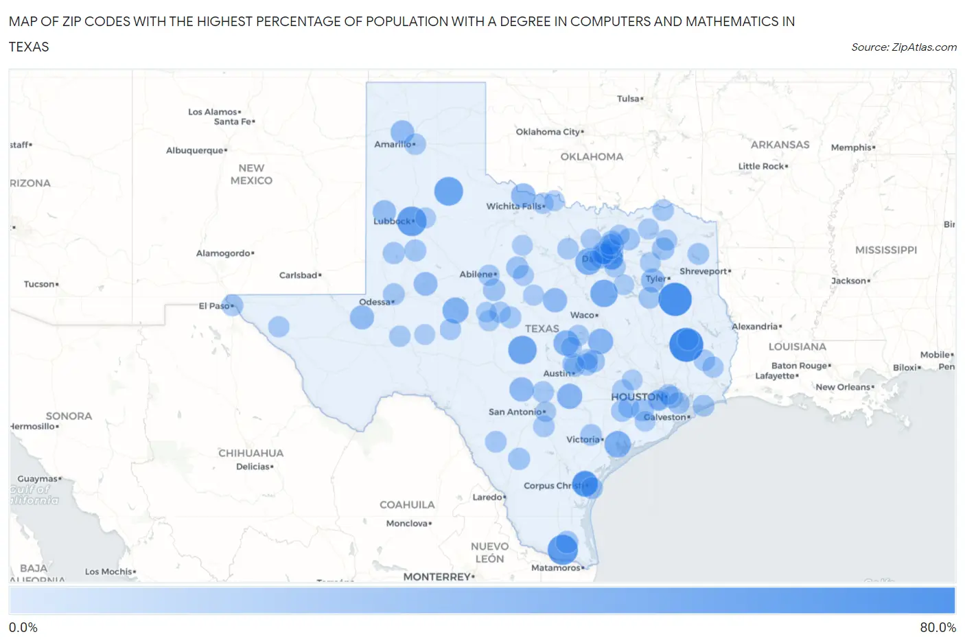 Zip Codes with the Highest Percentage of Population with a Degree in Computers and Mathematics in Texas Map