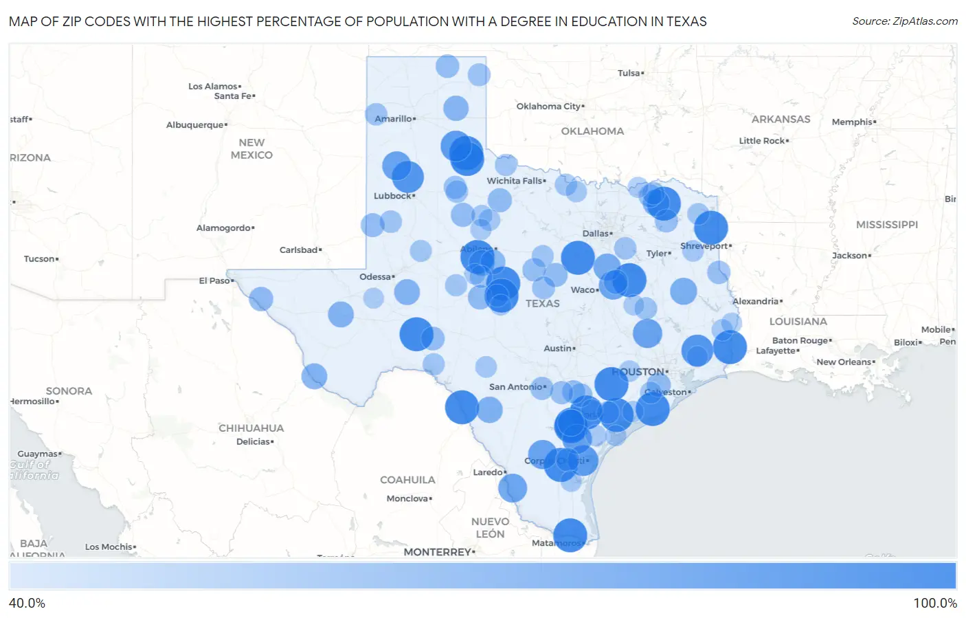 Zip Codes with the Highest Percentage of Population with a Degree in Education in Texas Map