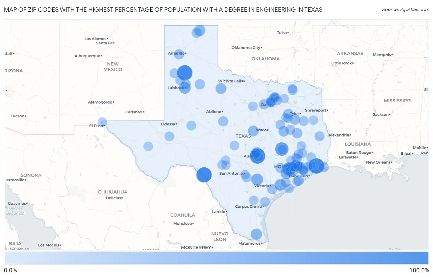 Zip Codes with the Highest Percentage of Population with a Degree in Engineering in Texas Map