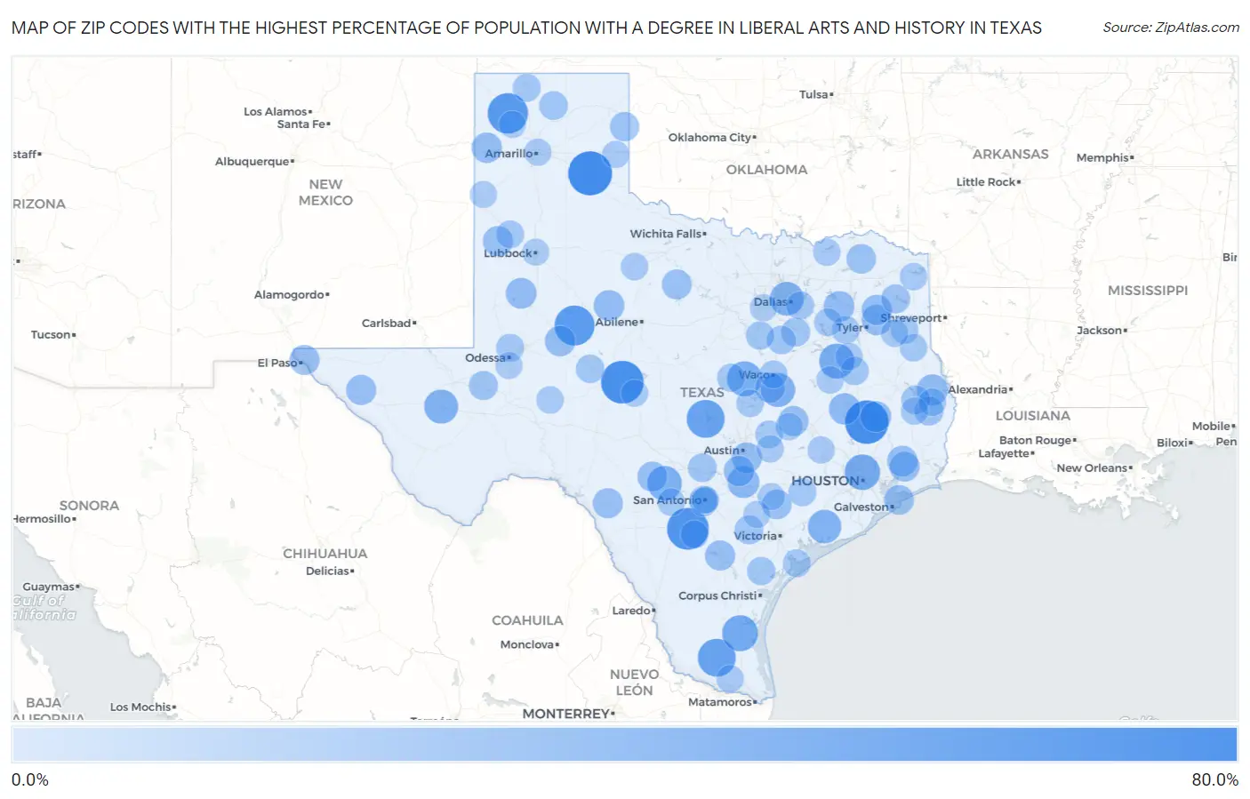 Zip Codes with the Highest Percentage of Population with a Degree in Liberal Arts and History in Texas Map