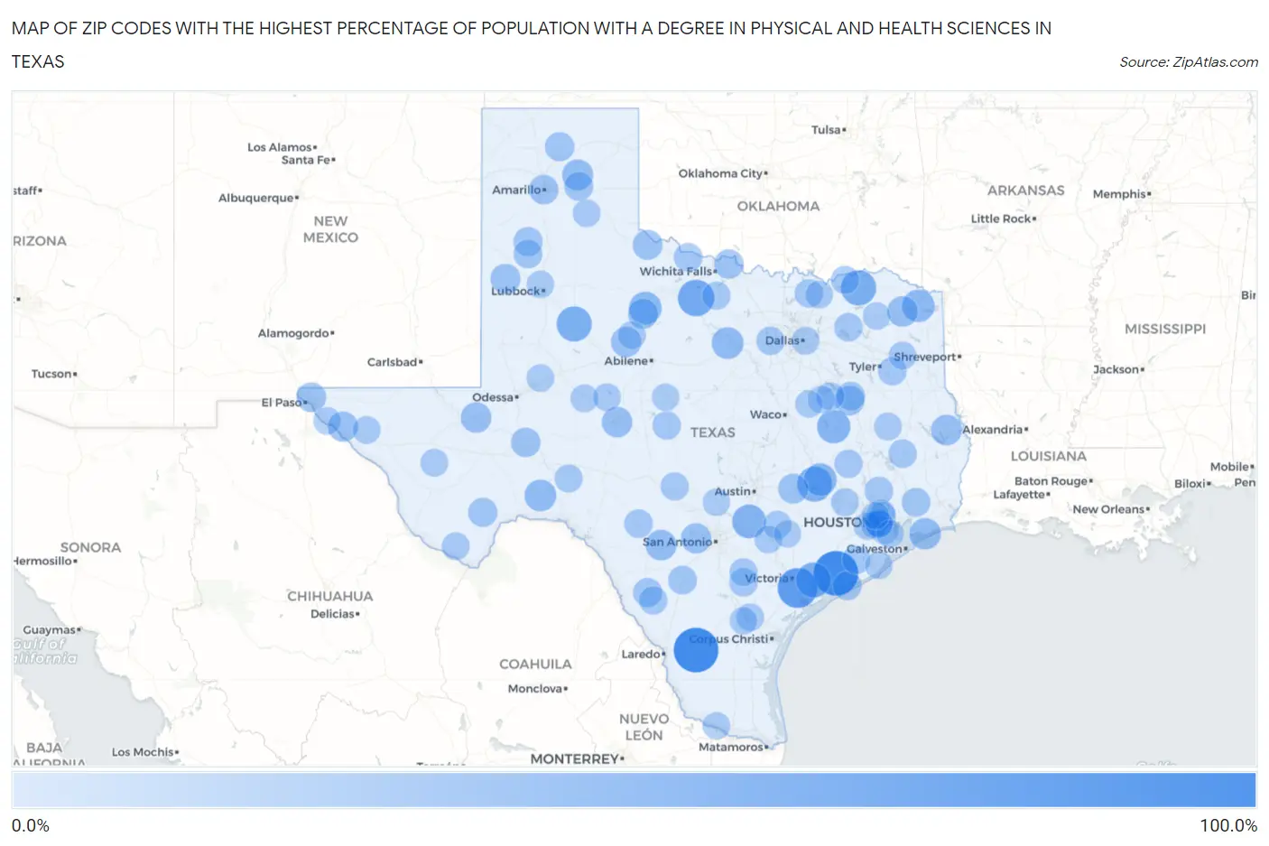 Zip Codes with the Highest Percentage of Population with a Degree in Physical and Health Sciences in Texas Map