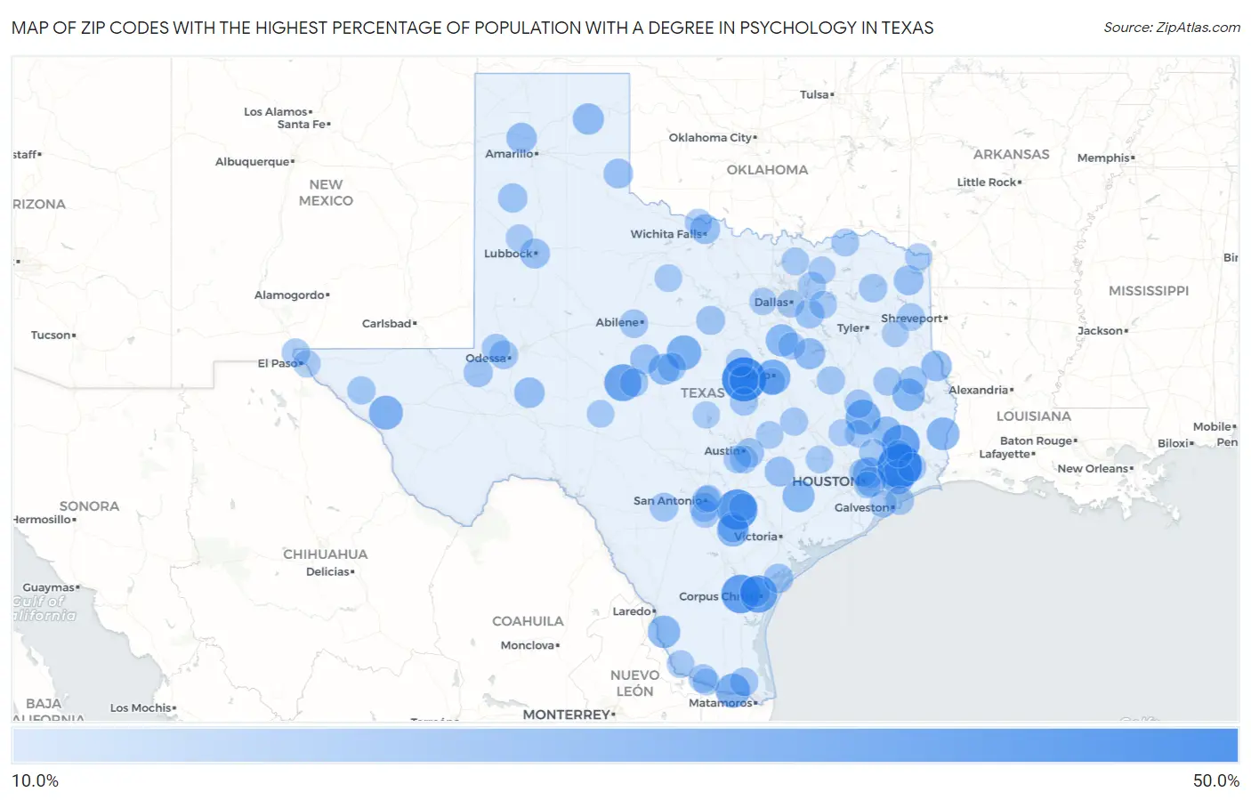 Zip Codes with the Highest Percentage of Population with a Degree in Psychology in Texas Map