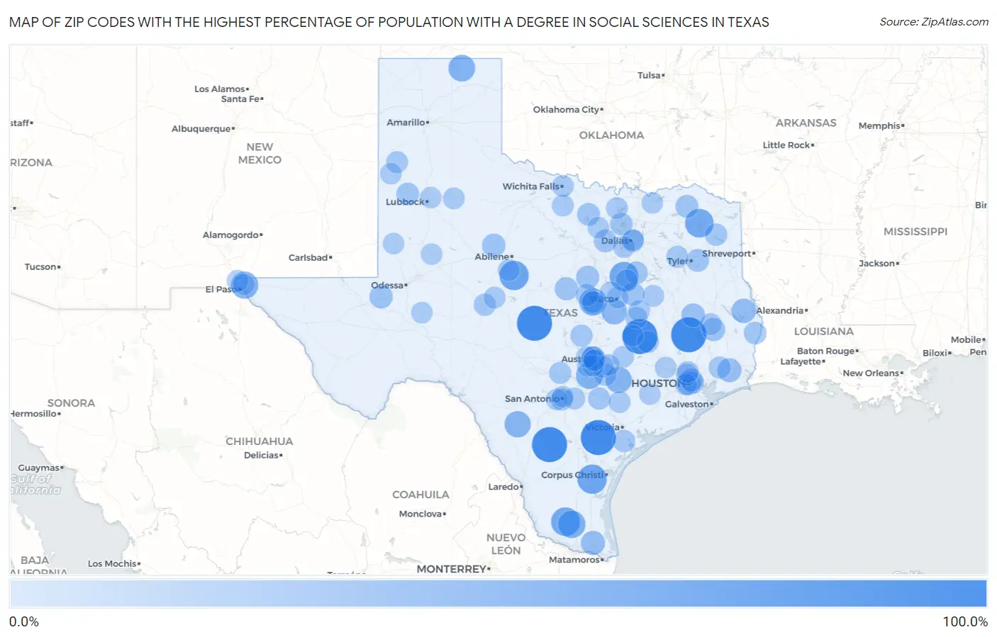 Zip Codes with the Highest Percentage of Population with a Degree in Social Sciences in Texas Map