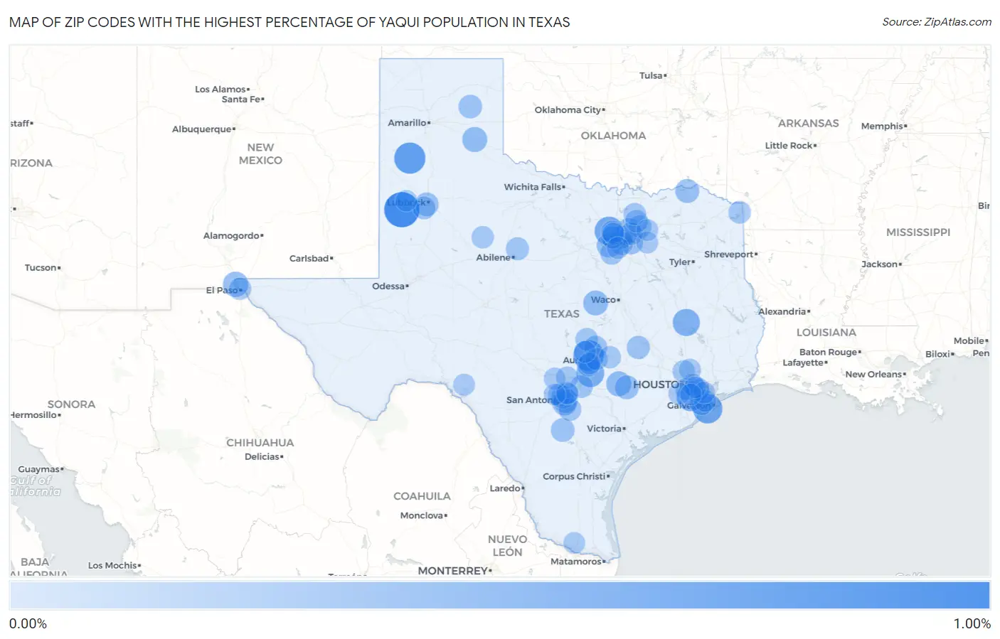 Zip Codes with the Highest Percentage of Yaqui Population in Texas Map