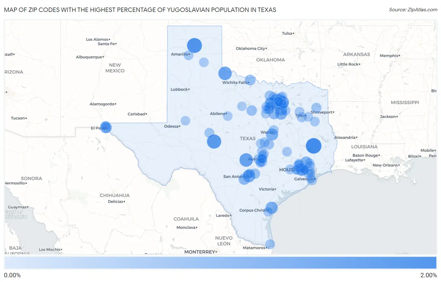 Zip Codes with the Highest Percentage of Yugoslavian Population in Texas Map