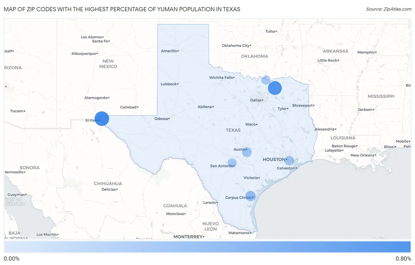 Zip Codes with the Highest Percentage of Yuman Population in Texas Map