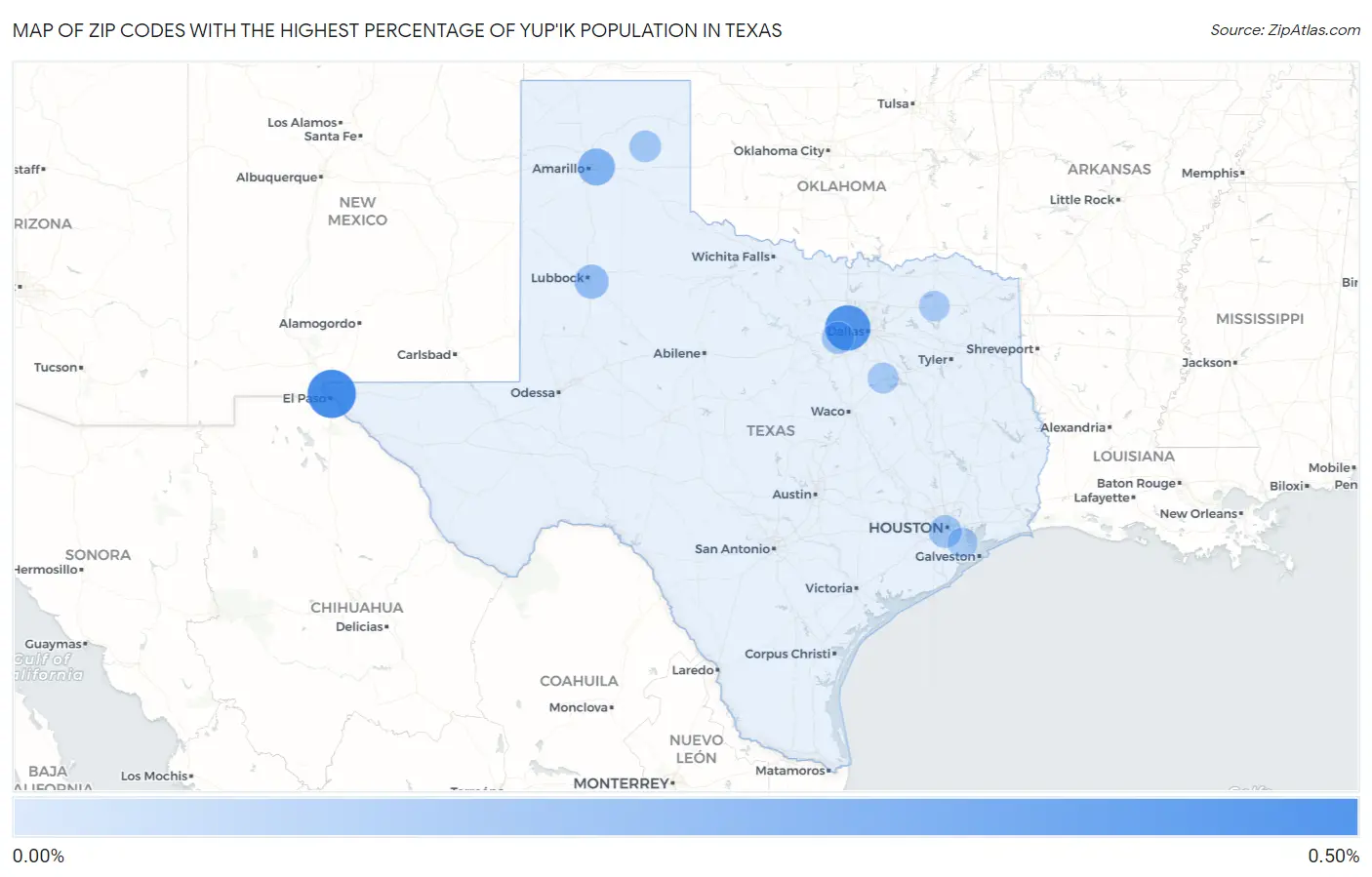 Zip Codes with the Highest Percentage of Yup'ik Population in Texas Map