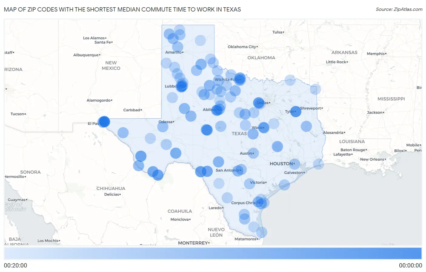 Zip Codes with the Shortest Median Commute Time to Work in Texas Map