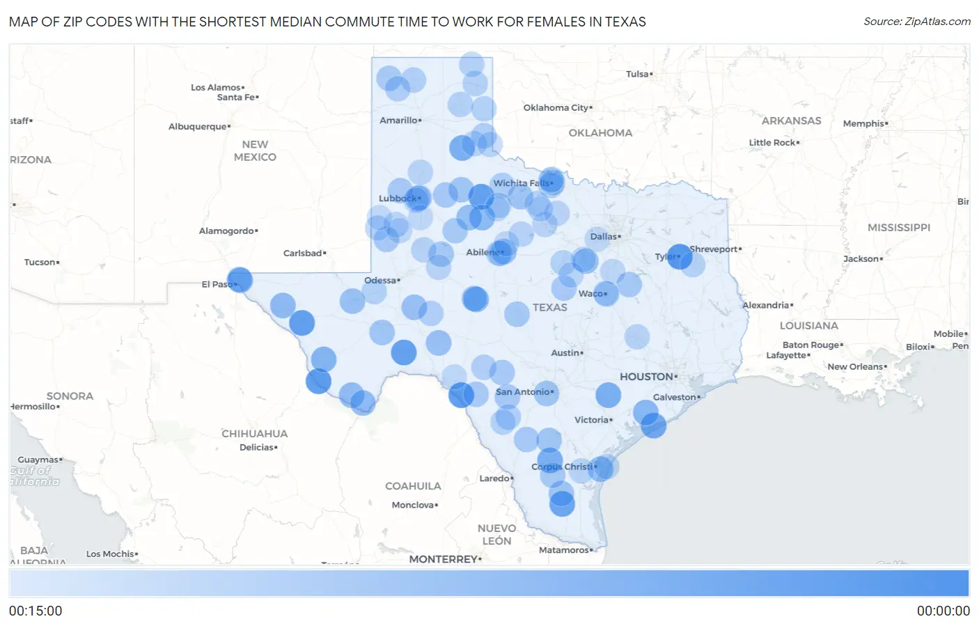 Zip Codes with the Shortest Median Commute Time to Work for Females in Texas Map
