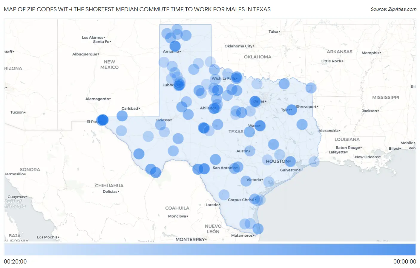 Zip Codes with the Shortest Median Commute Time to Work for Males in Texas Map