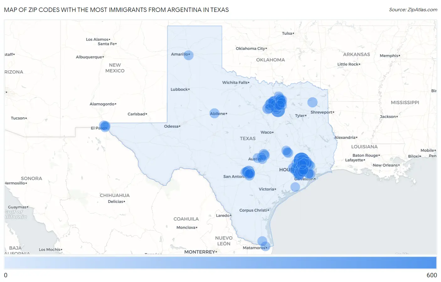 Zip Codes with the Most Immigrants from Argentina in Texas Map