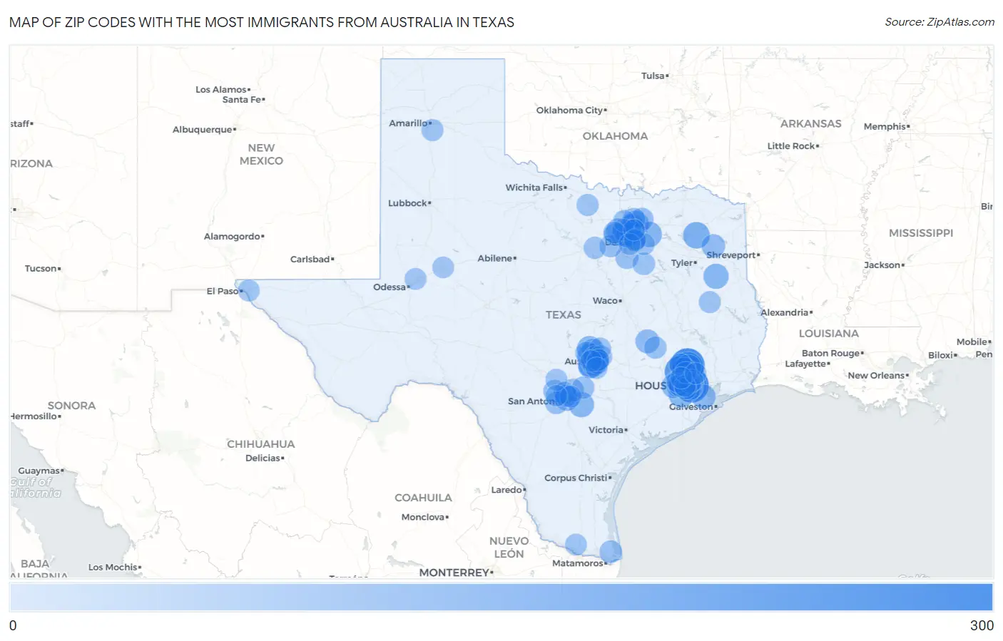 Zip Codes with the Most Immigrants from Australia in Texas Map