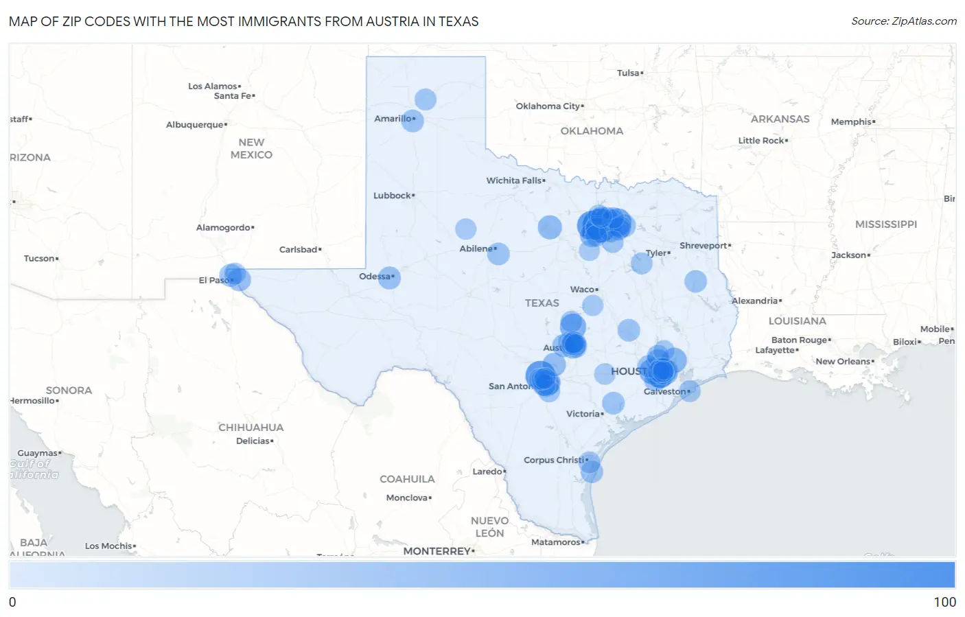 Zip Codes with the Most Immigrants from Austria in Texas Map