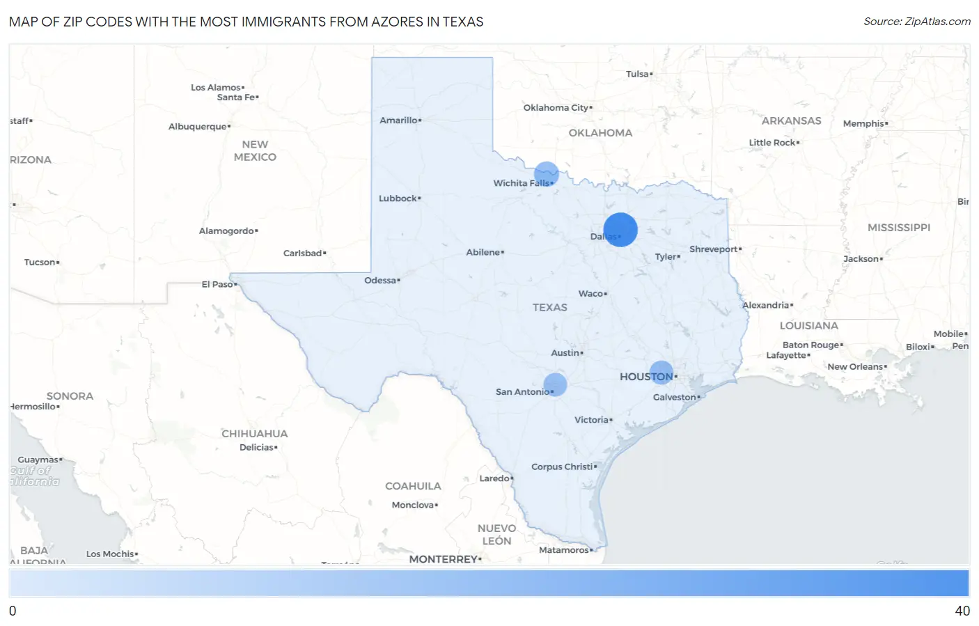Zip Codes with the Most Immigrants from Azores in Texas Map