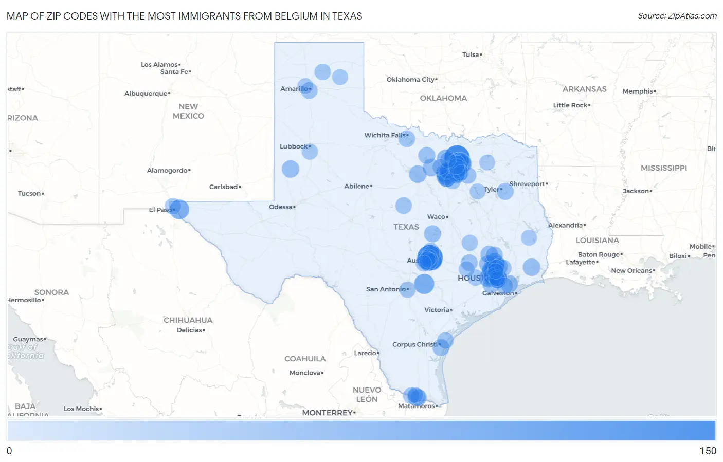 Zip Codes with the Most Immigrants from Belgium in Texas Map