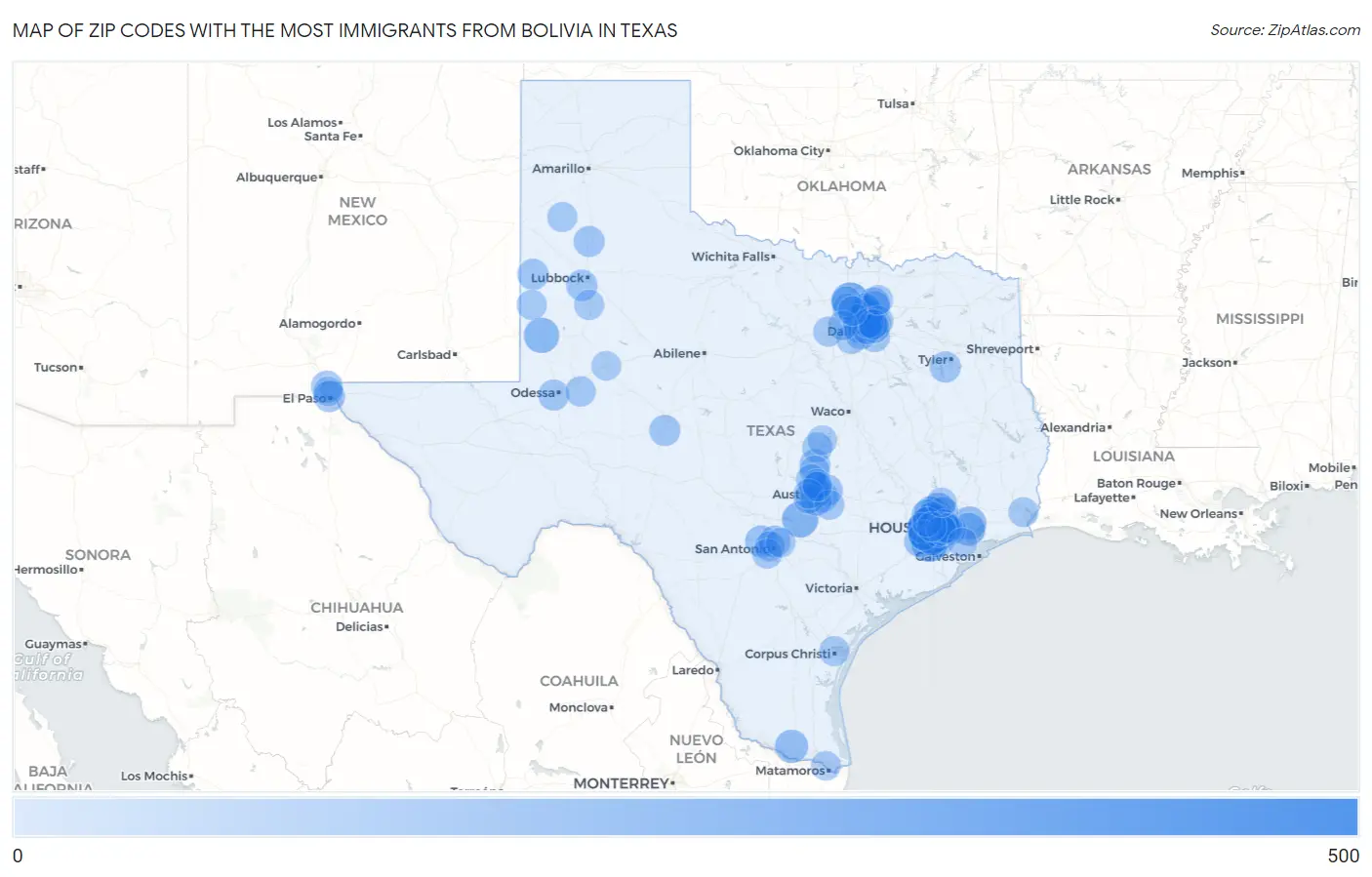 Zip Codes with the Most Immigrants from Bolivia in Texas Map