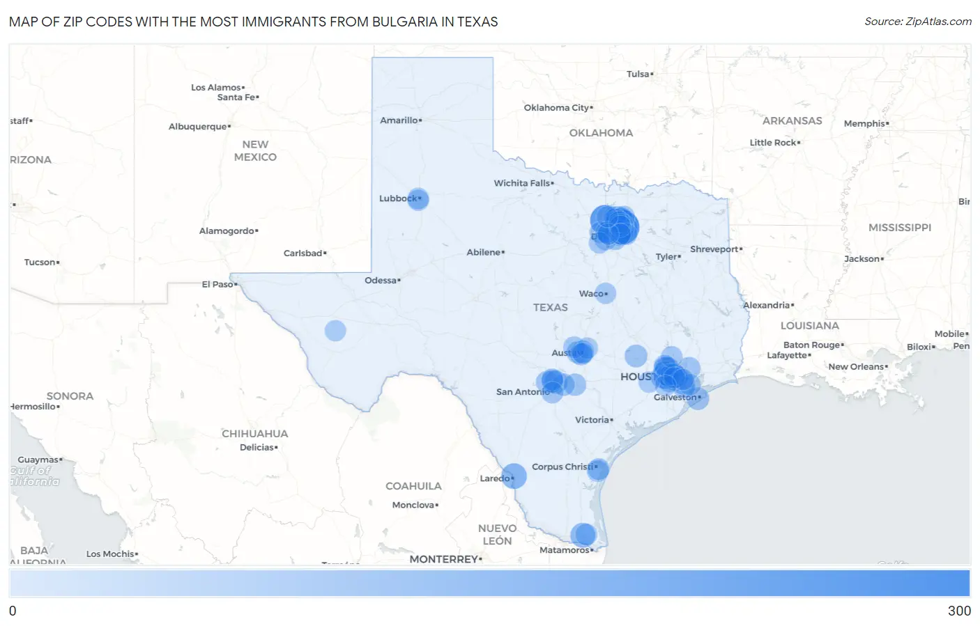 Zip Codes with the Most Immigrants from Bulgaria in Texas Map