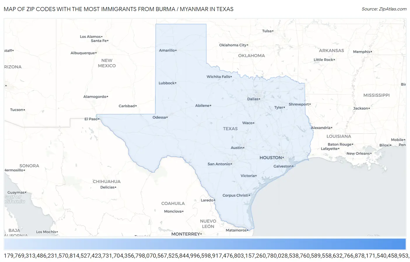 Zip Codes with the Most Immigrants from Burma / Myanmar in Texas Map