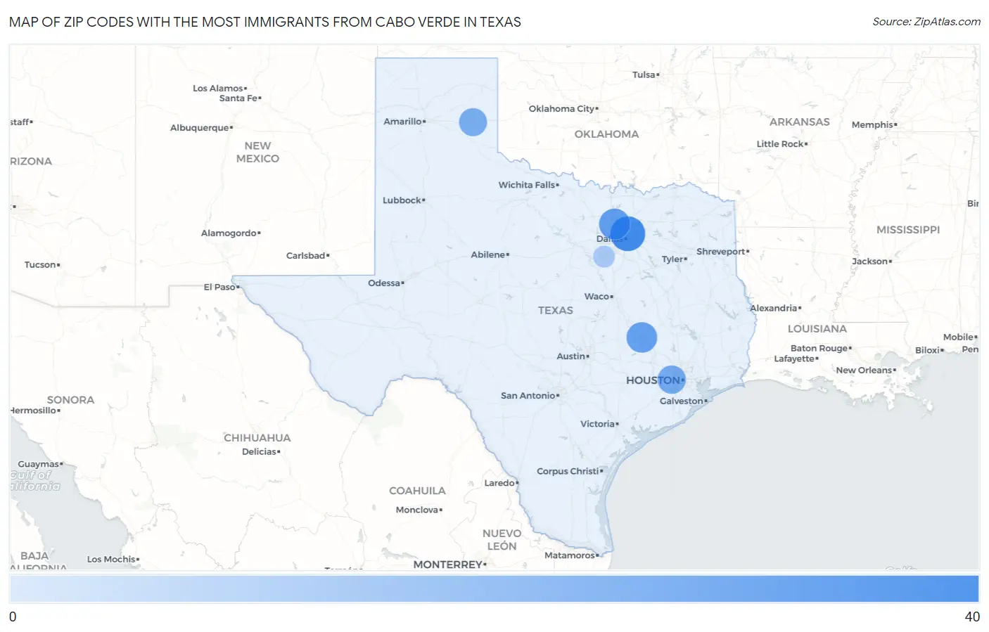 Zip Codes with the Most Immigrants from Cabo Verde in Texas Map