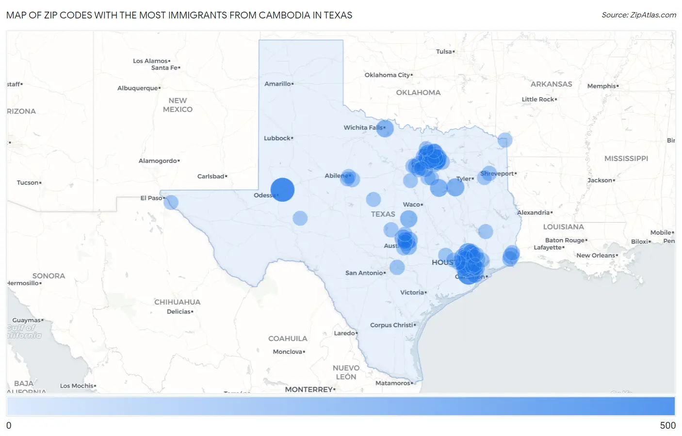 Zip Codes with the Most Immigrants from Cambodia in Texas Map