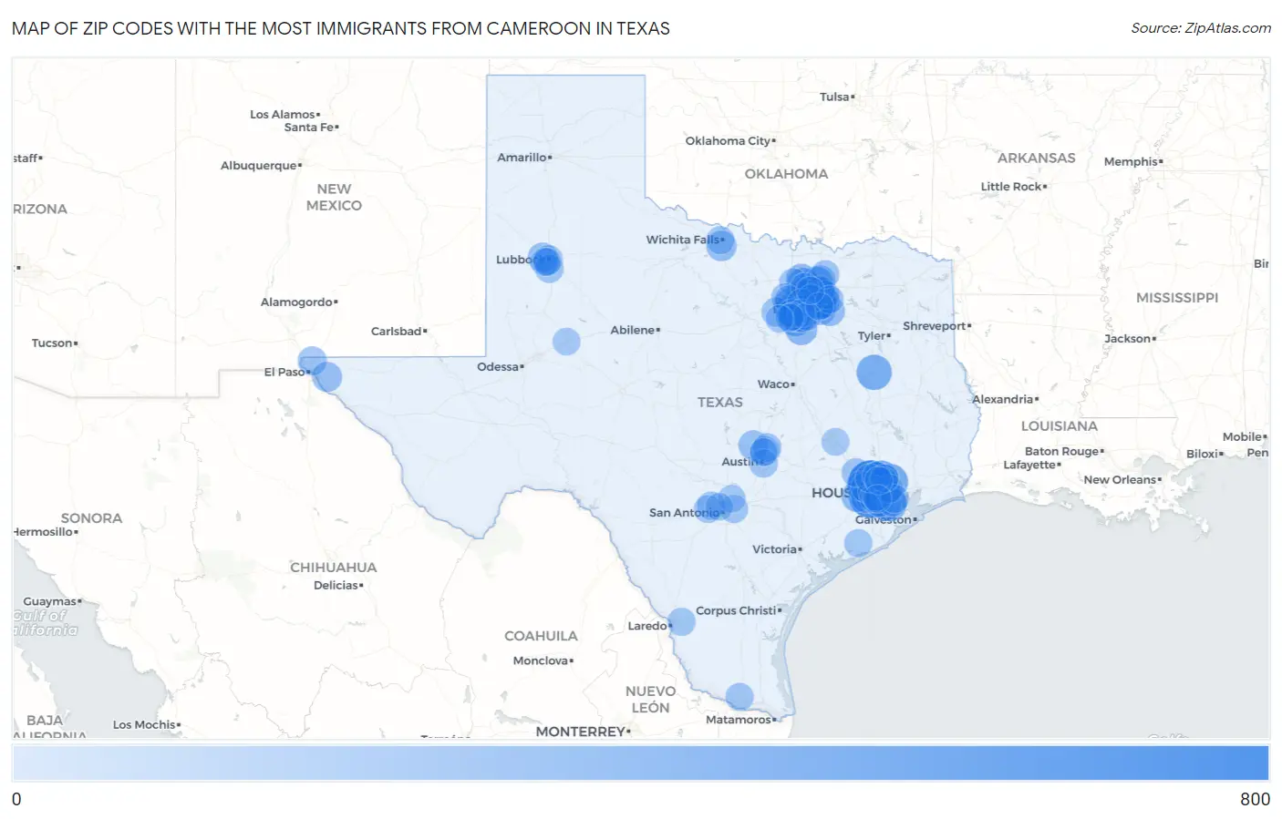 Zip Codes with the Most Immigrants from Cameroon in Texas Map