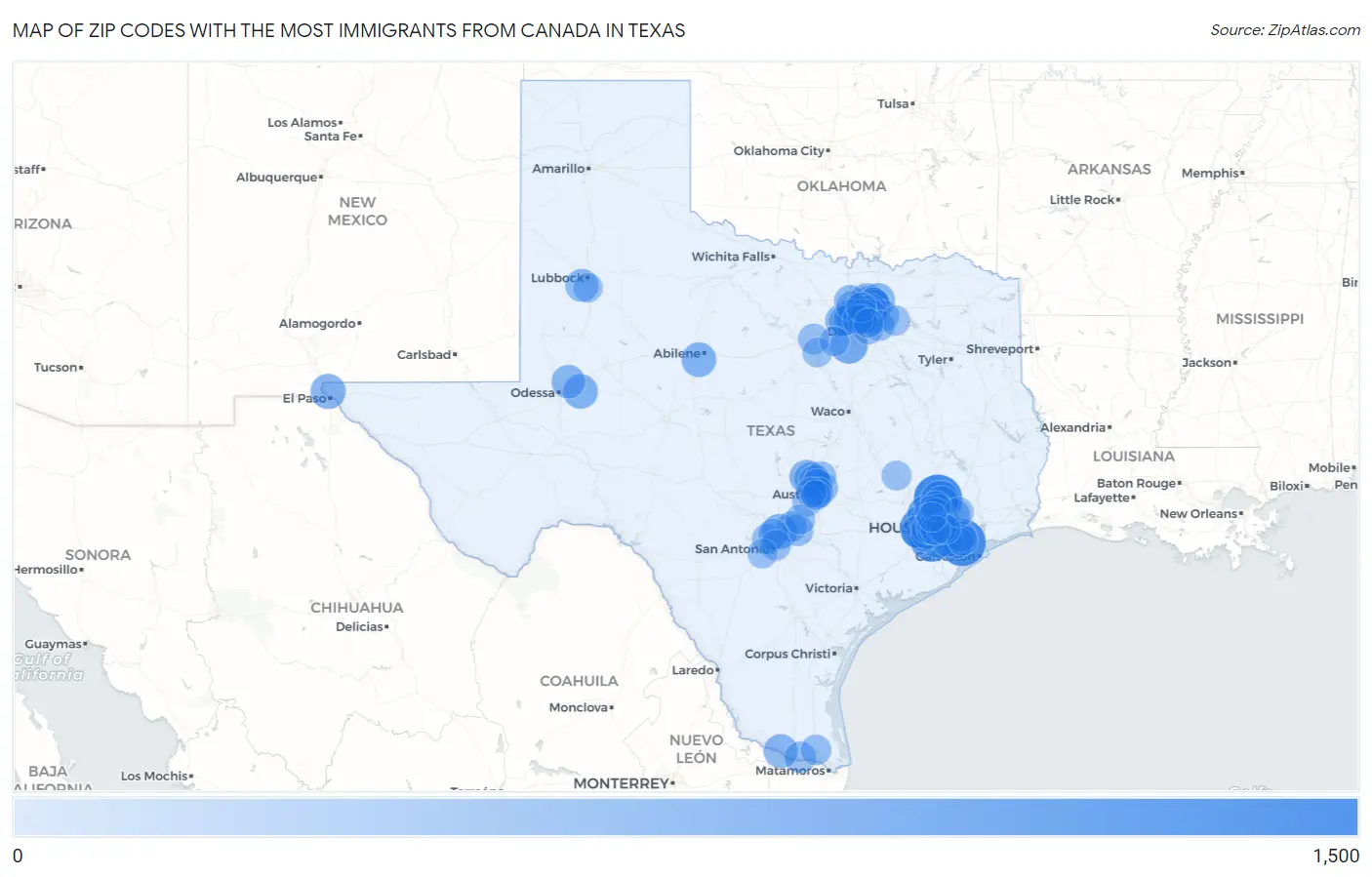 Zip Codes with the Most Immigrants from Canada in Texas Map