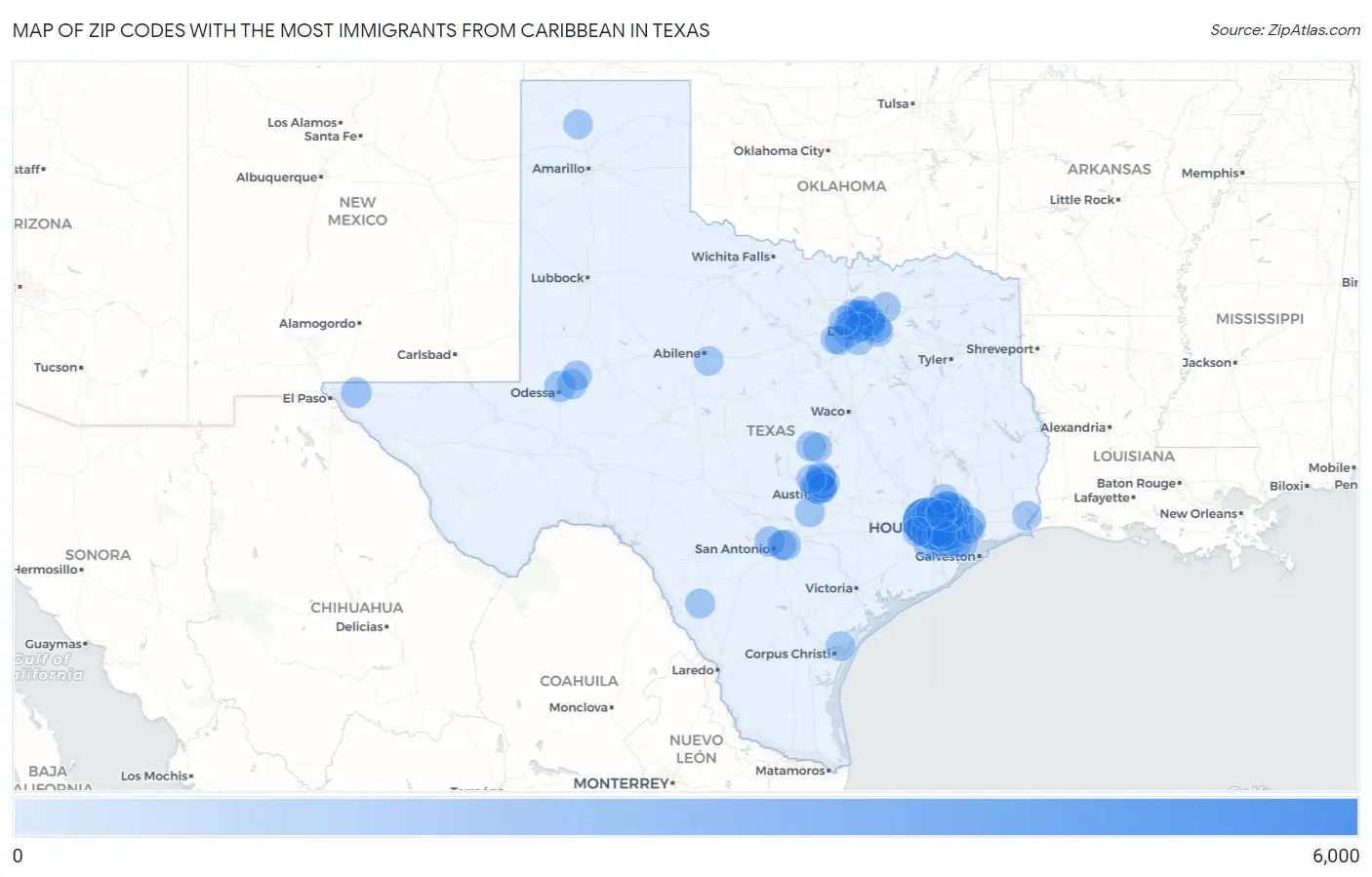 Zip Codes with the Most Immigrants from Caribbean in Texas Map