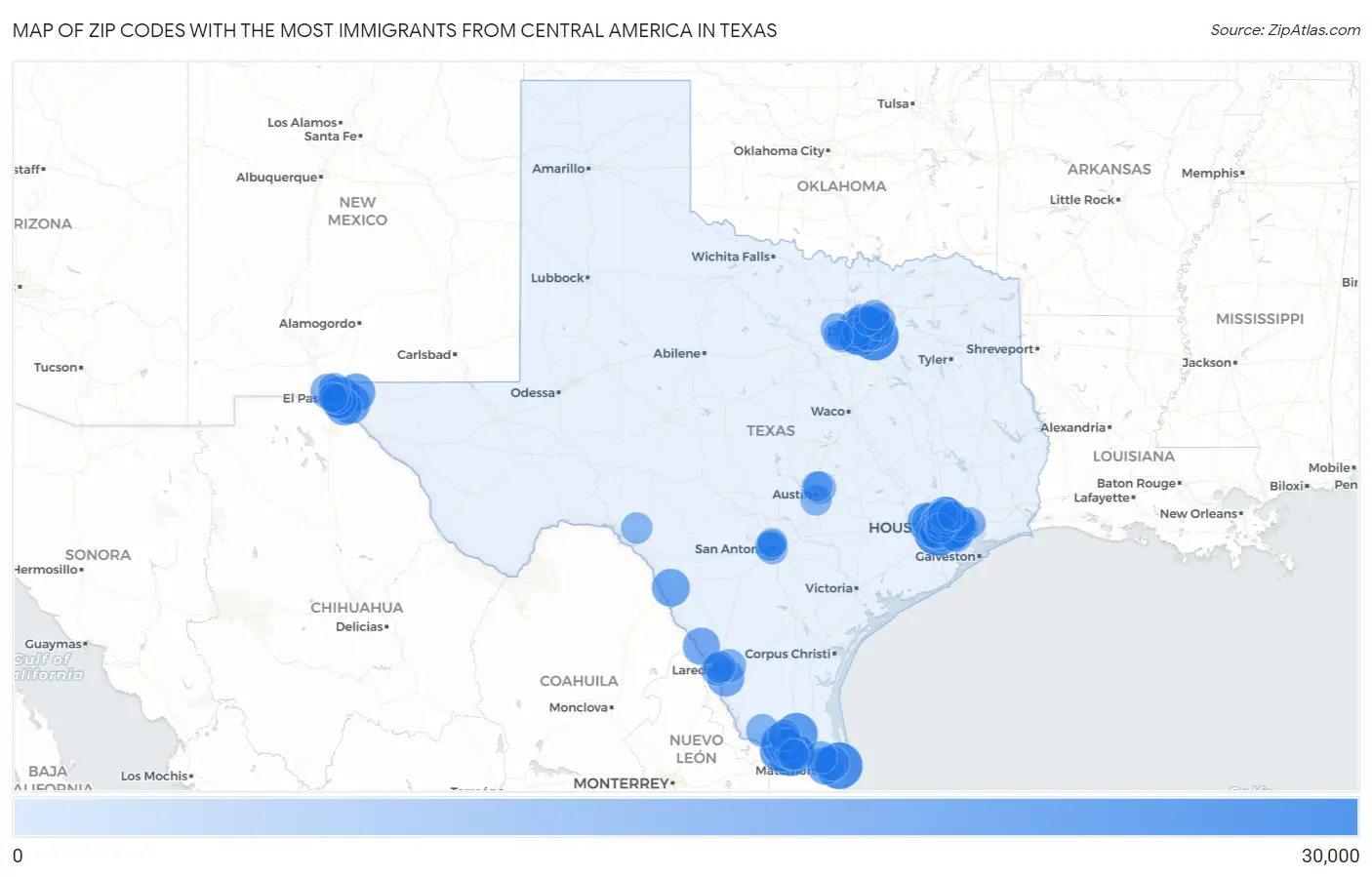 Zip Codes with the Most Immigrants from Central America in Texas Map