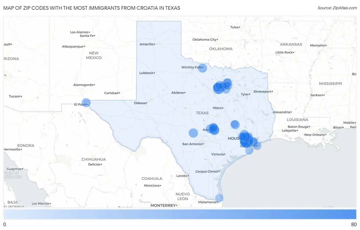 Zip Codes with the Most Immigrants from Croatia in Texas Map