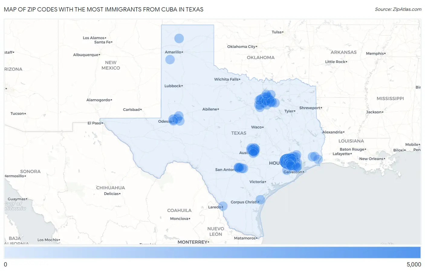 Zip Codes with the Most Immigrants from Cuba in Texas Map