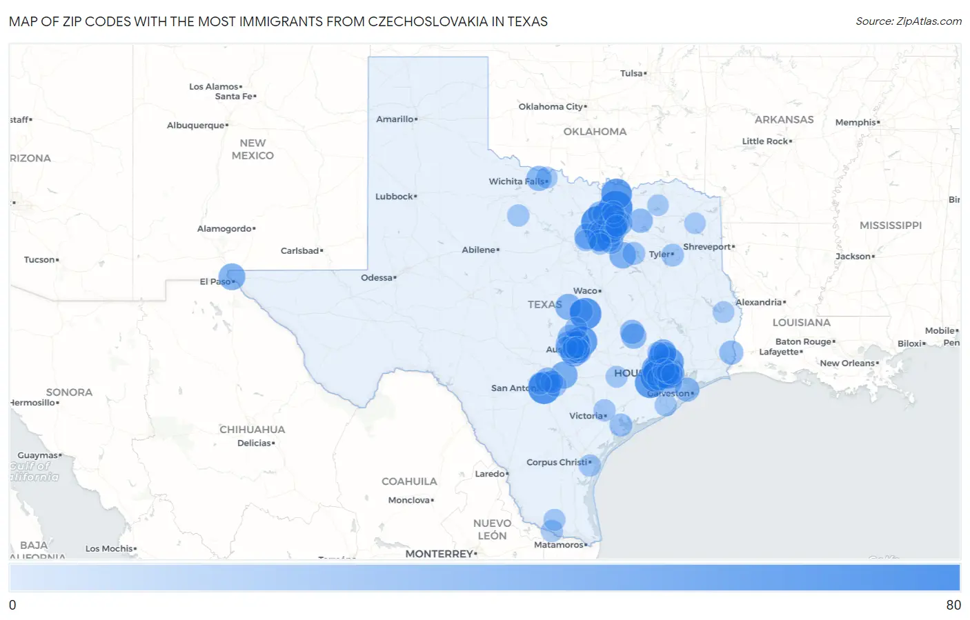 Zip Codes with the Most Immigrants from Czechoslovakia in Texas Map