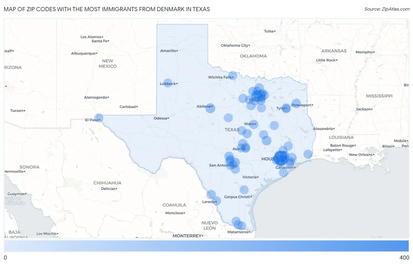 Zip Codes with the Most Immigrants from Denmark in Texas Map