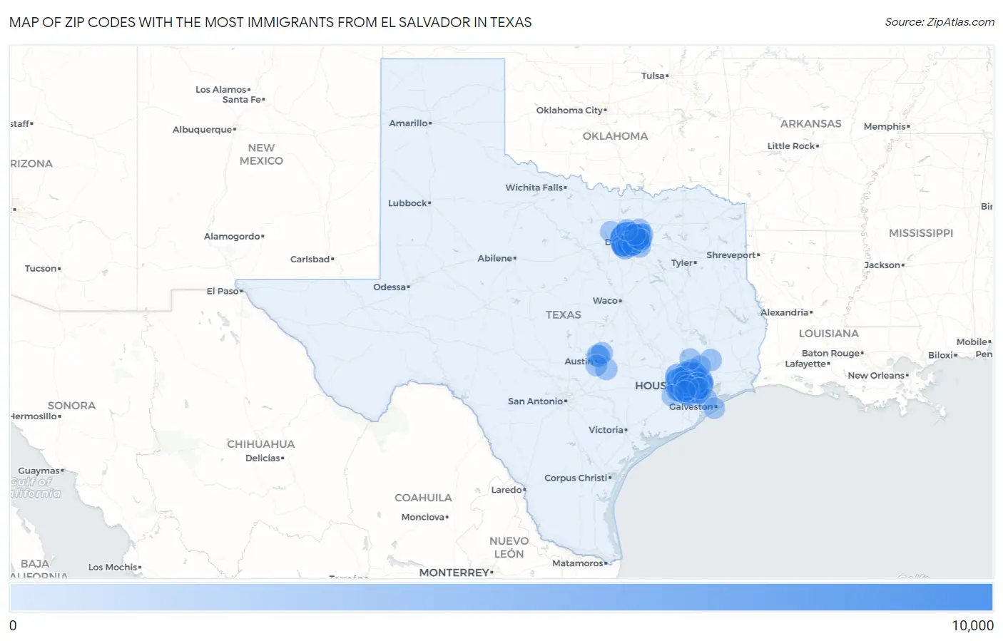 Zip Codes with the Most Immigrants from El Salvador in Texas Map