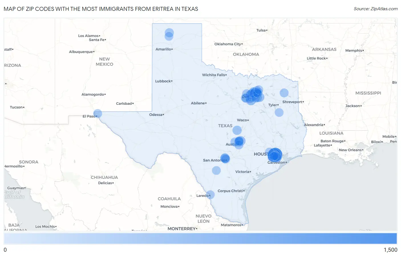 Zip Codes with the Most Immigrants from Eritrea in Texas Map