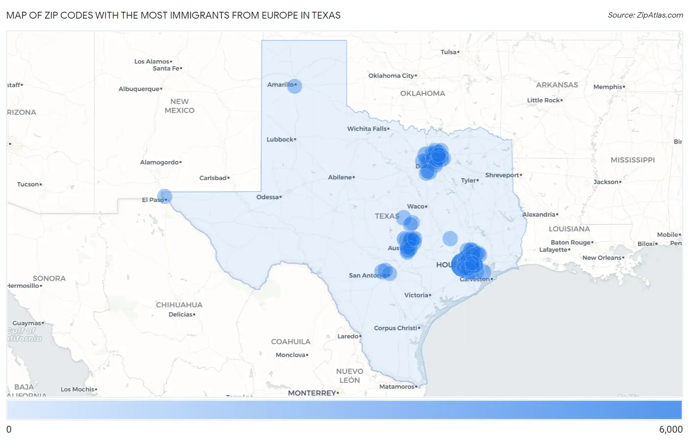 Zip Codes with the Most Immigrants from Europe in Texas Map